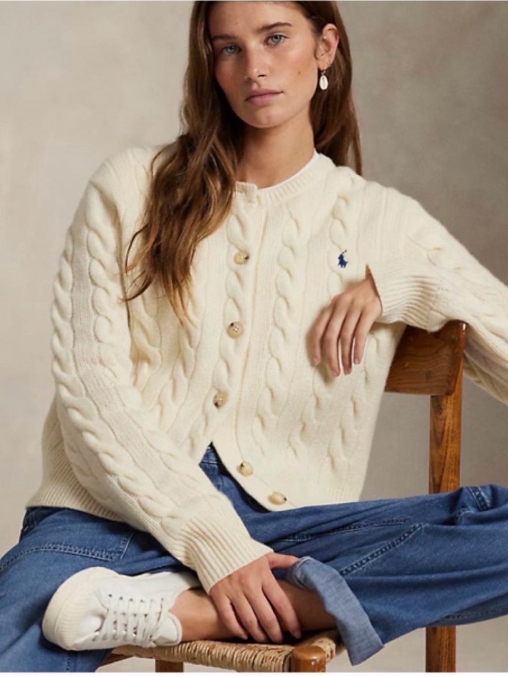 NWT Polo by Ralph Lauren Cream Cable Knit Button-Front Cardigan SIZE SMALL